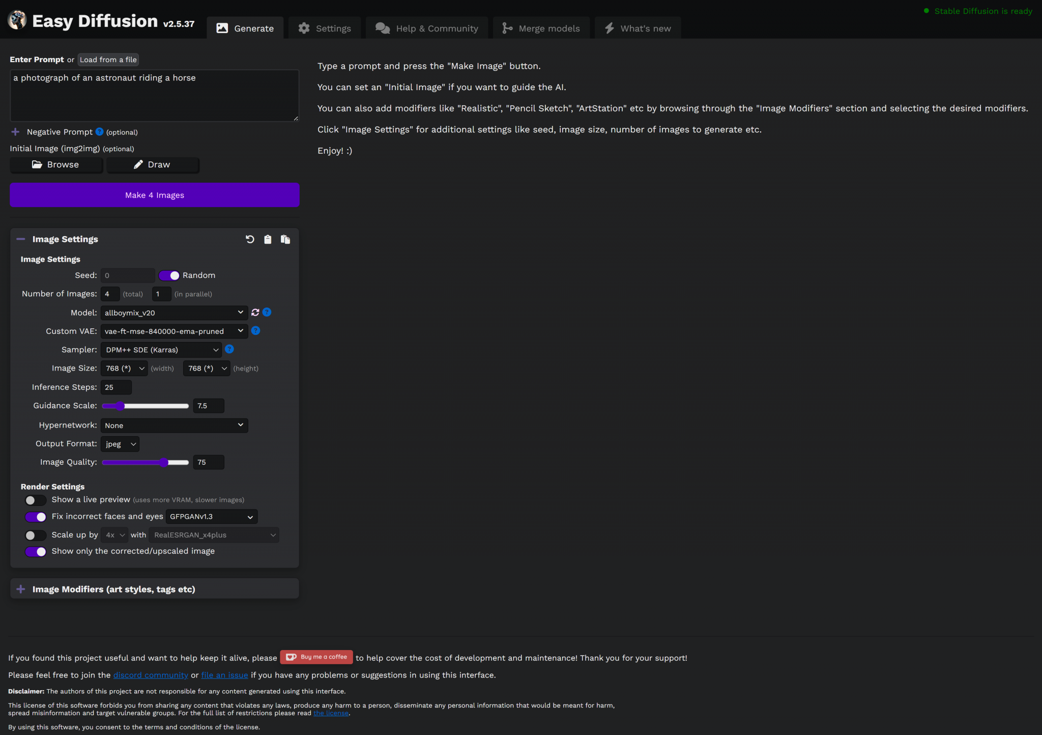 easy diffusion interface